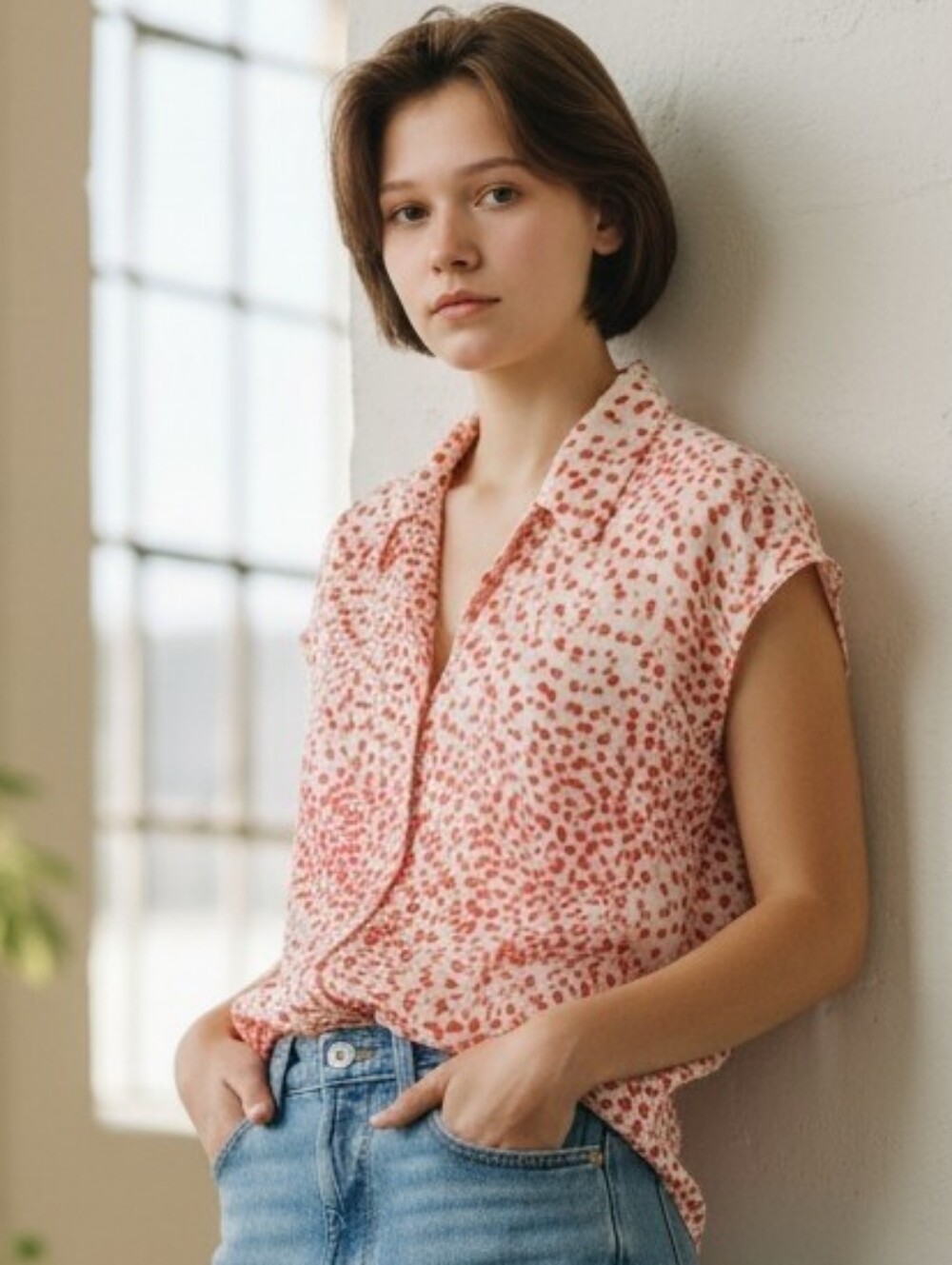 Worthington Pink Dot-Print Cap Sleeve Blouse